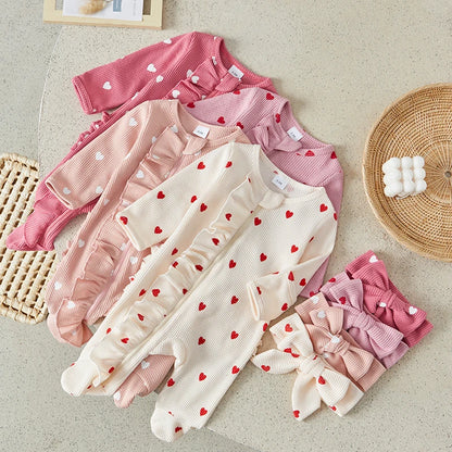 Heart Print Ruffle Zipper Romper with Headband 0-6 Months