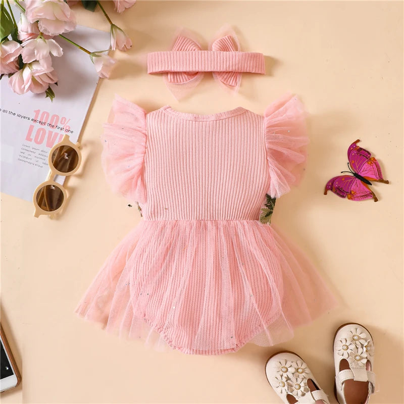 Flower Embroidery Rib Knit Tulle Skirt Romper Dress & Headband For 3-18 Months