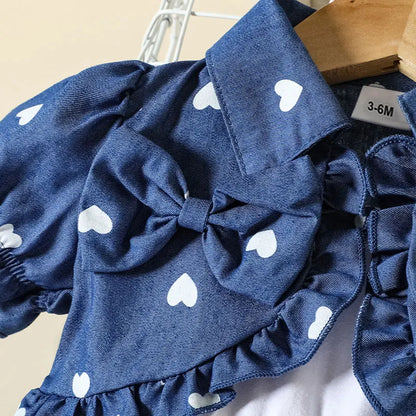 Cute Summer Denim Heart Print Short Coat Wave Dot Dress and Headband For 3-24 Months