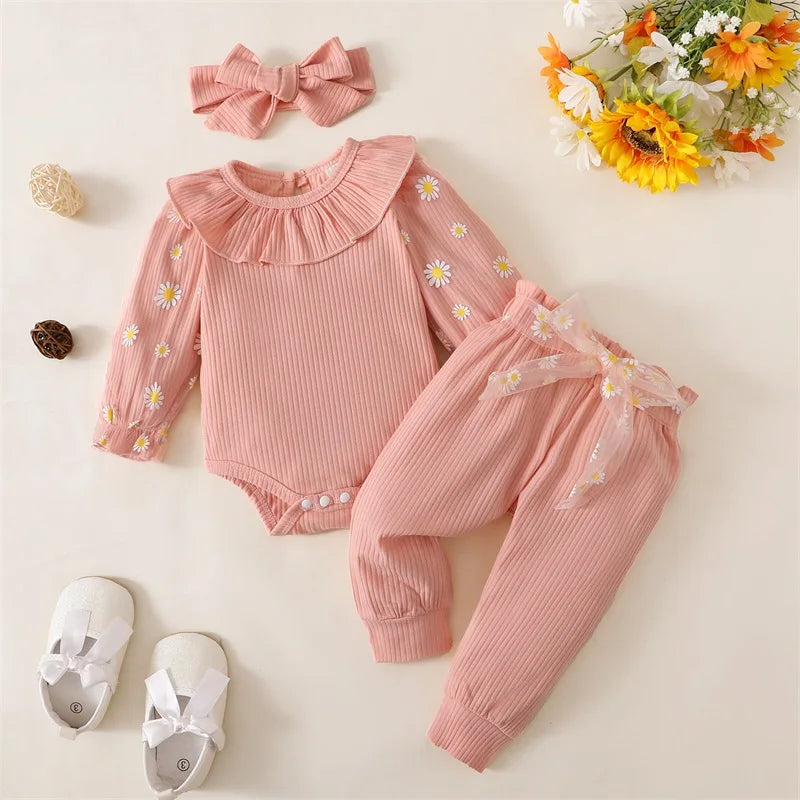 3 Pcs Print Long Sleeve Romper Belted Pants And Headband  Size 0-18 Months