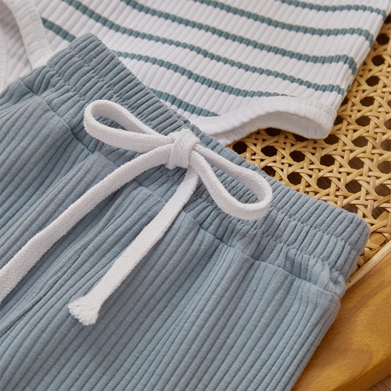 Ribbed Striped Long Sleeve Romper and Pants For 3-24 Months