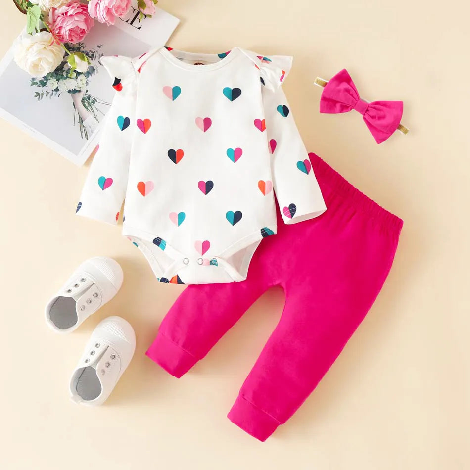 Heart Print Ruffled Cotton Bodysuit Pants Hair Bow For 0-24 Months