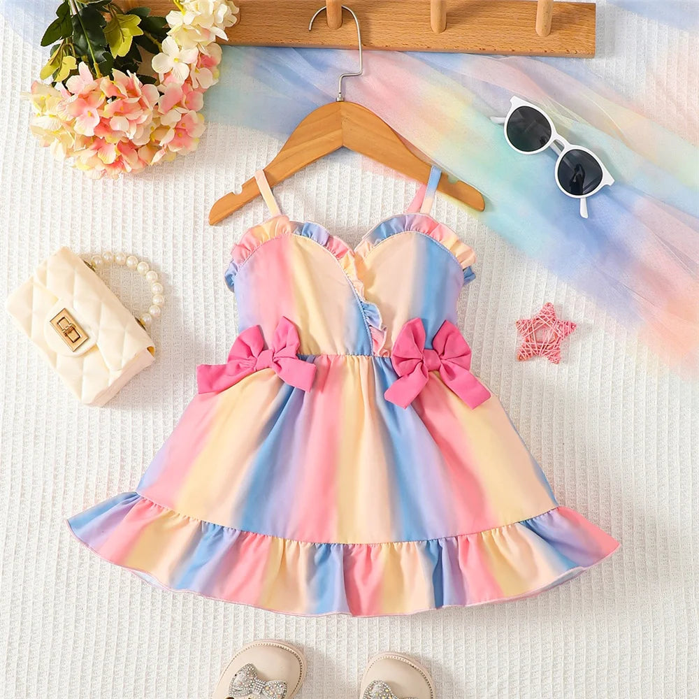 Suspender Rainbow Color Bow Dress For 6-36 Months