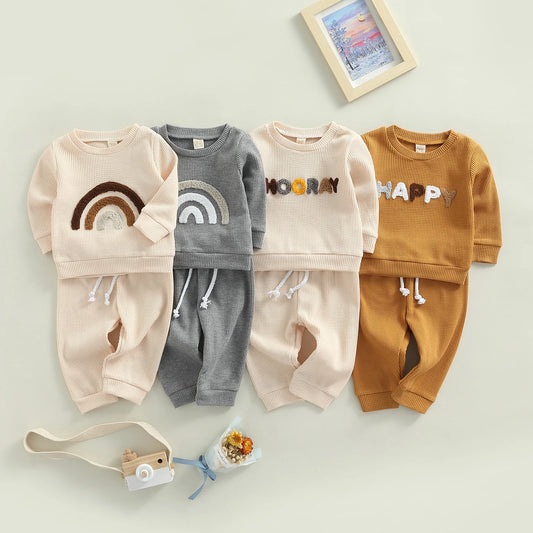 Baby Boys Girls Letter or Rainbow Pattern Long Sleeve Sweatshirt and Pants For 0-24 Months