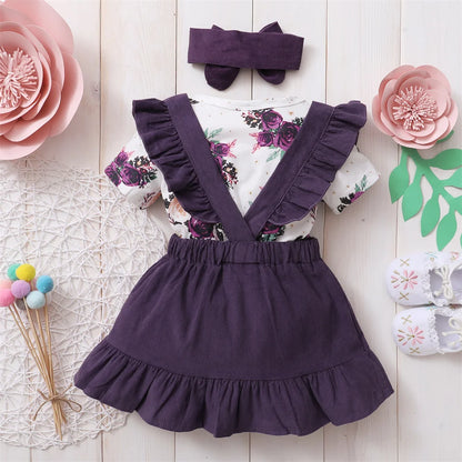 Short Sleeve Flower Print Bodysuit Strap Skirt & Headband For Baby Girls 3-24 Months