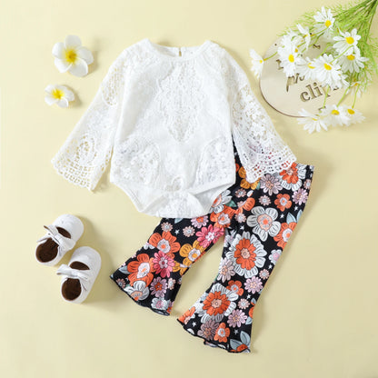 Baby Girl Long Sleeve Lace Romper and Long Floral Bell-Bottoms Pants