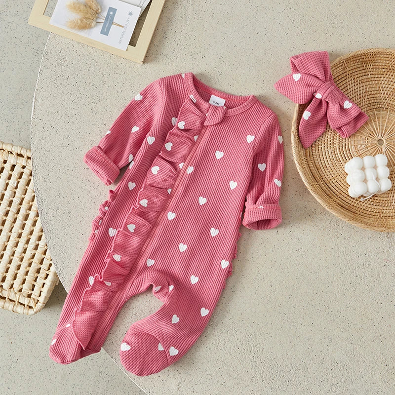 Heart Print Ruffle Zipper Romper with Headband 0-6 Months