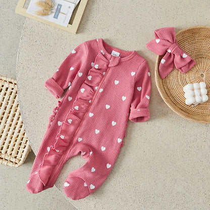 Heart Print Ruffle Zipper Romper with Headband 0-6 Months