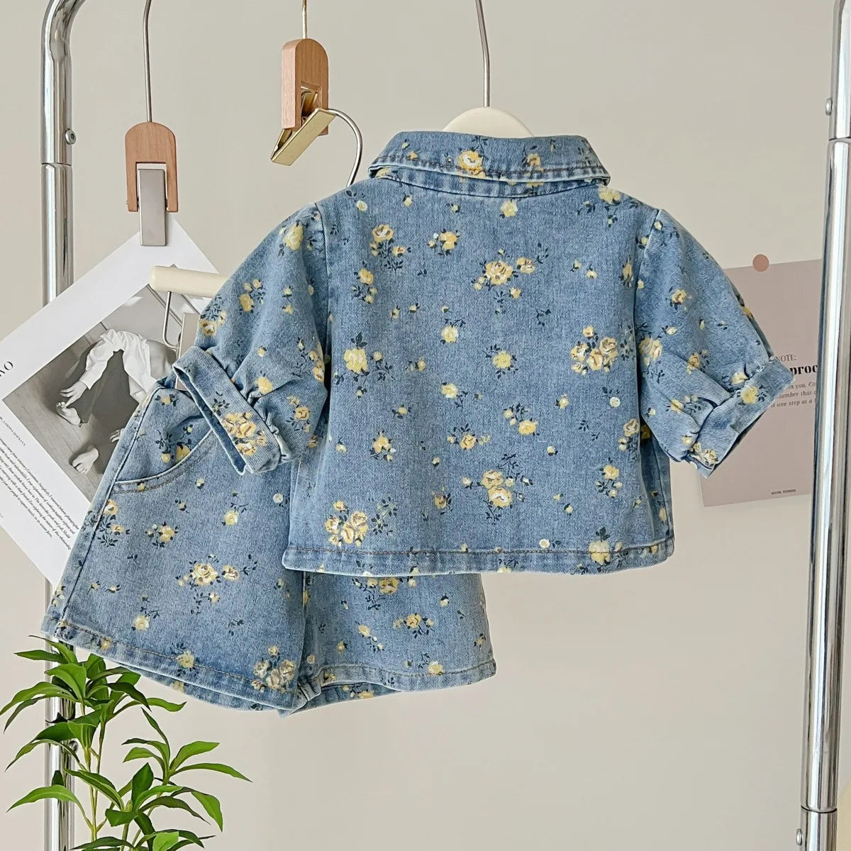 2 Piece Denim Flower Hollow Out Top Coat and Shorts Set