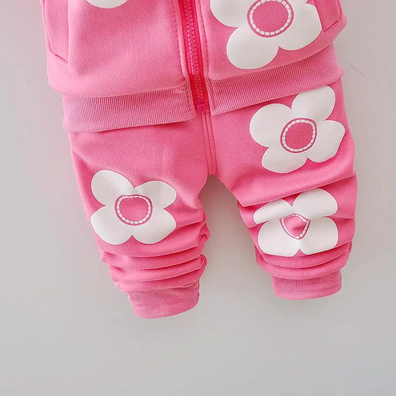 Girls Flower Print Thick Hooded Jacket and Pants Set For 1-4 Years