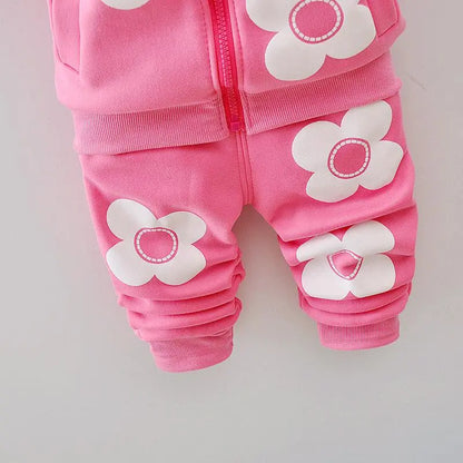 Girls Flower Print Thick Hooded Jacket and Pants Set For 1-4 Years