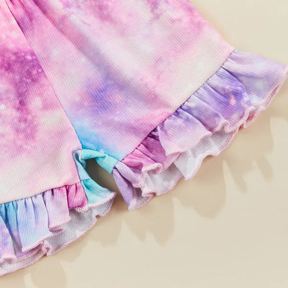 Tie Dye Short Sleeve Bandage T-shirts and Ruffle Shorts  2-6 years