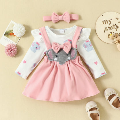 Cute Elephant Print Long Sleeves Romper Suspender Skirt and Headband Outfits For 0-18 Months