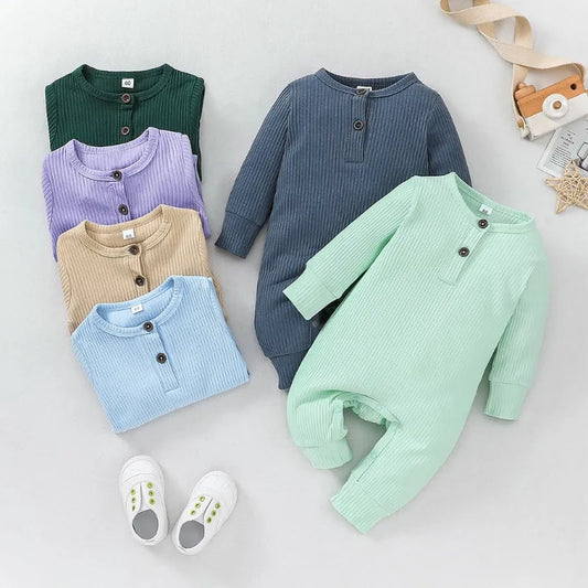 Long Sleeve Solid Color Cotton Romper For 0-12 Months