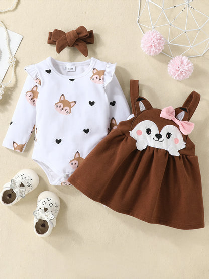 Cute Fox Print Long Sleeves Romper Suspender Skirt and Headband Outfits For 0-18 Months