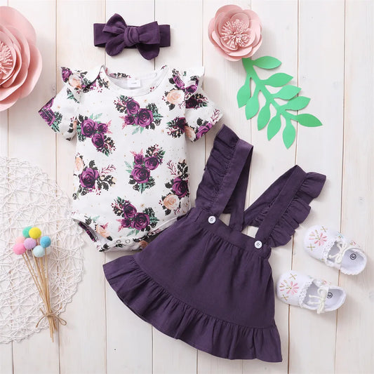 Short Sleeve Flower Print Bodysuit Strap Skirt & Headband For Baby Girls 3-24 Months