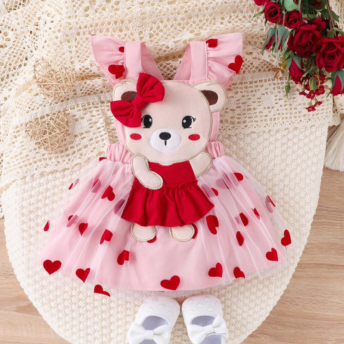 3 Piece Sweet Bear Patches Embroidery Heart 3D Long Sleeve Dress Romper And Headband For 0-18 Months