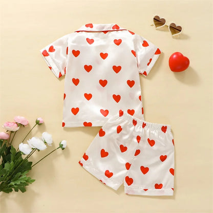 Heart Print Turn-Down Collar Short Sleeve And Elastic Waist Shorts Pajama Set For 2-7 Years