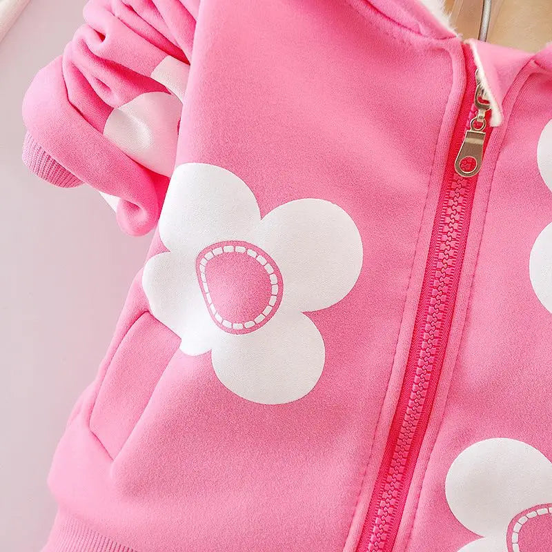 Girls Flower Print Thick Hooded Jacket and Pants Set For 1-4 Years