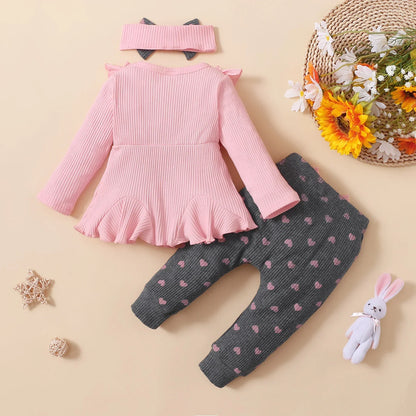 3 Piece Pink Ruffle Shirt Heart Print Trousers And Headband For 3-36 Months