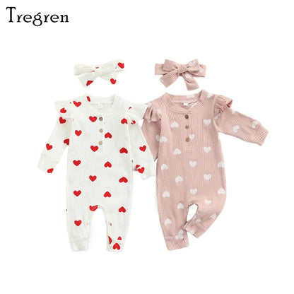 Sweet Heart Print Long Sleeve Crew Neck Romper With Bow For 3-18 Months