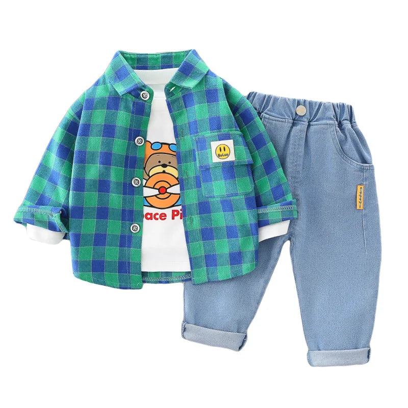 3 Piece Set with Plaid Shirt, Cartoon Printed Shirt and Jeans