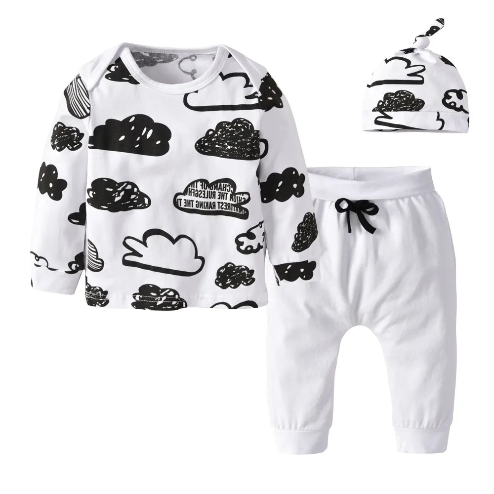 3 Piece Cloud Printed Long Sleeve T-Shirt and Pants with Cap Set