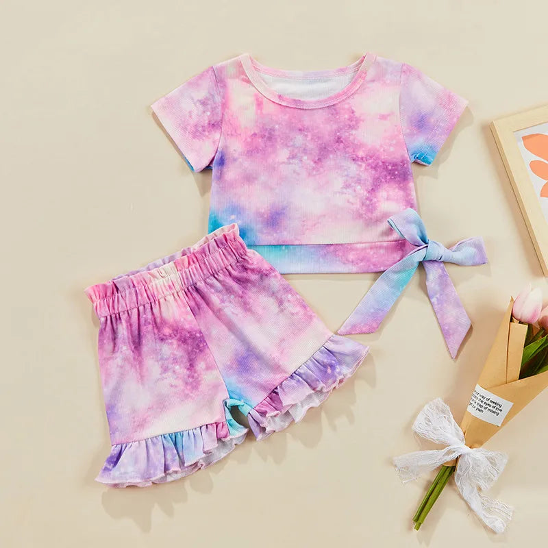 Tie Dye Short Sleeve Bandage T-shirts and Ruffle Shorts  2-6 years