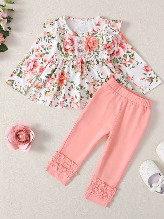 Cute Flower Print Long Sleeve Dress Top and Elastic Waist Ruffled Hem Pant Set For 6-36 Months