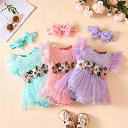 Flower Embroidery Rib Knit Tulle Skirt Romper Dress & Headband For 3-18 Months