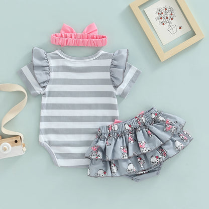 Striped Elephant Print Short Sleeve Romper Ruffle Shorts And Bow Headband For 0-18 Months