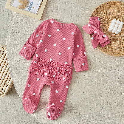 Heart Print Ruffle Zipper Romper with Headband 0-6 Months