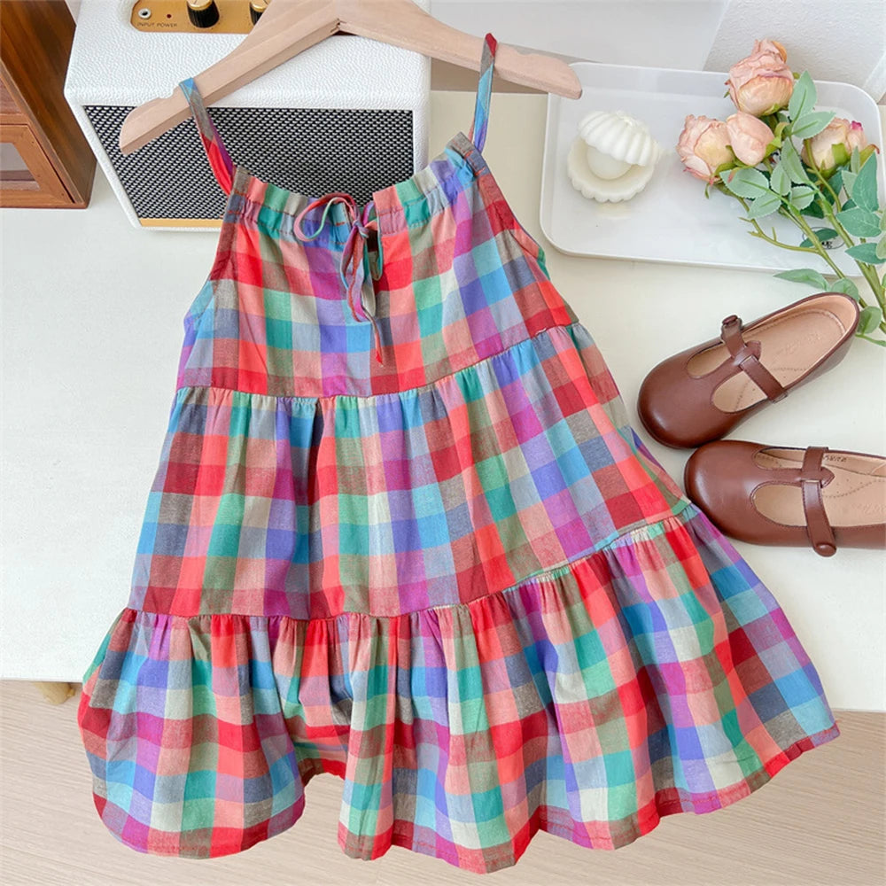 Casual Plaid Sleeveless Princess Dress For 2-7 Years