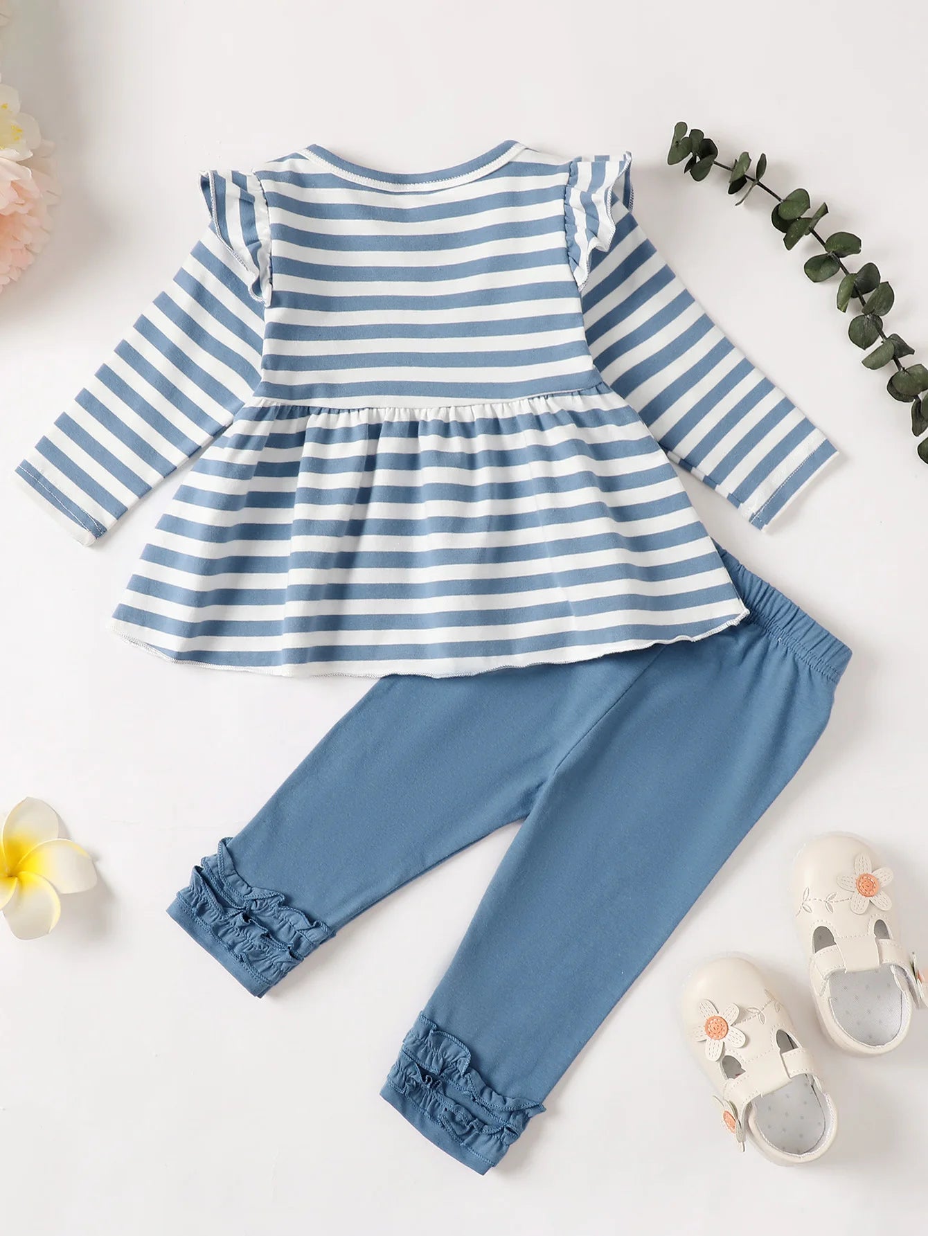 Cute Striped Long Sleeve Dress Top and Ruffled Hem Pants Set For 6-36 Months