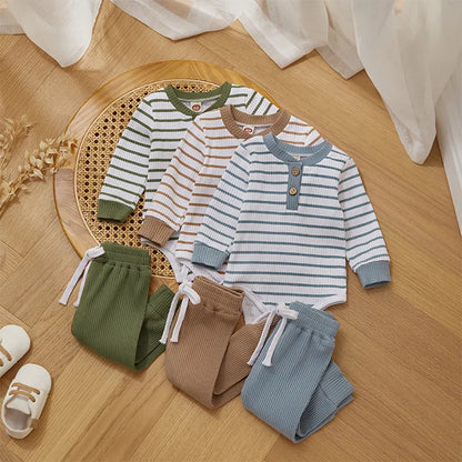 Ribbed Striped Long Sleeve Romper and Pants For 3-24 Months