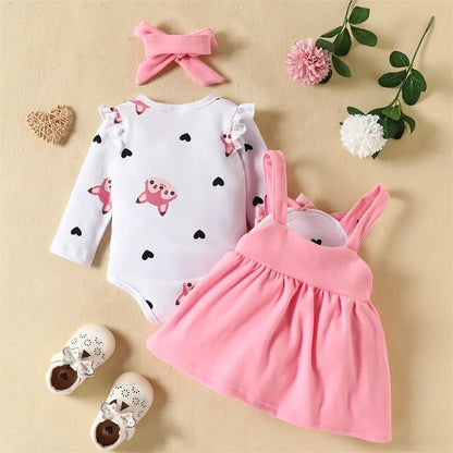 Cute Fox Print Long Sleeves Romper Suspender Skirt and Headband Outfits For 0-18 Months