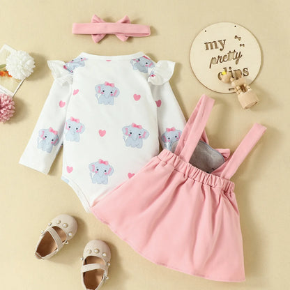 Cute Elephant Print Long Sleeves Romper Suspender Skirt and Headband Outfits For 0-18 Months