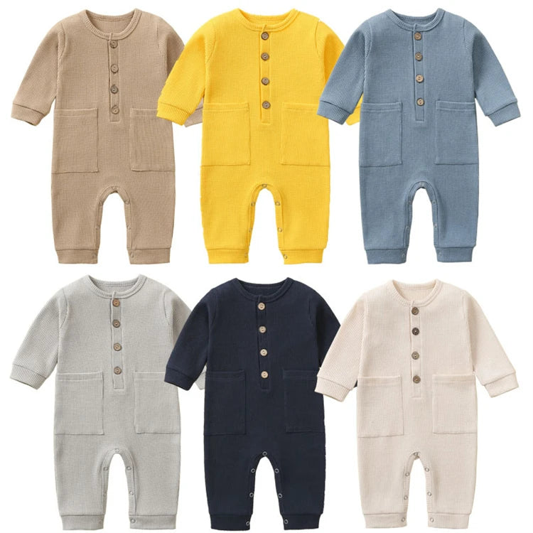 Soft Cotton Solid Color Romper With Pockets For 3-12 Months