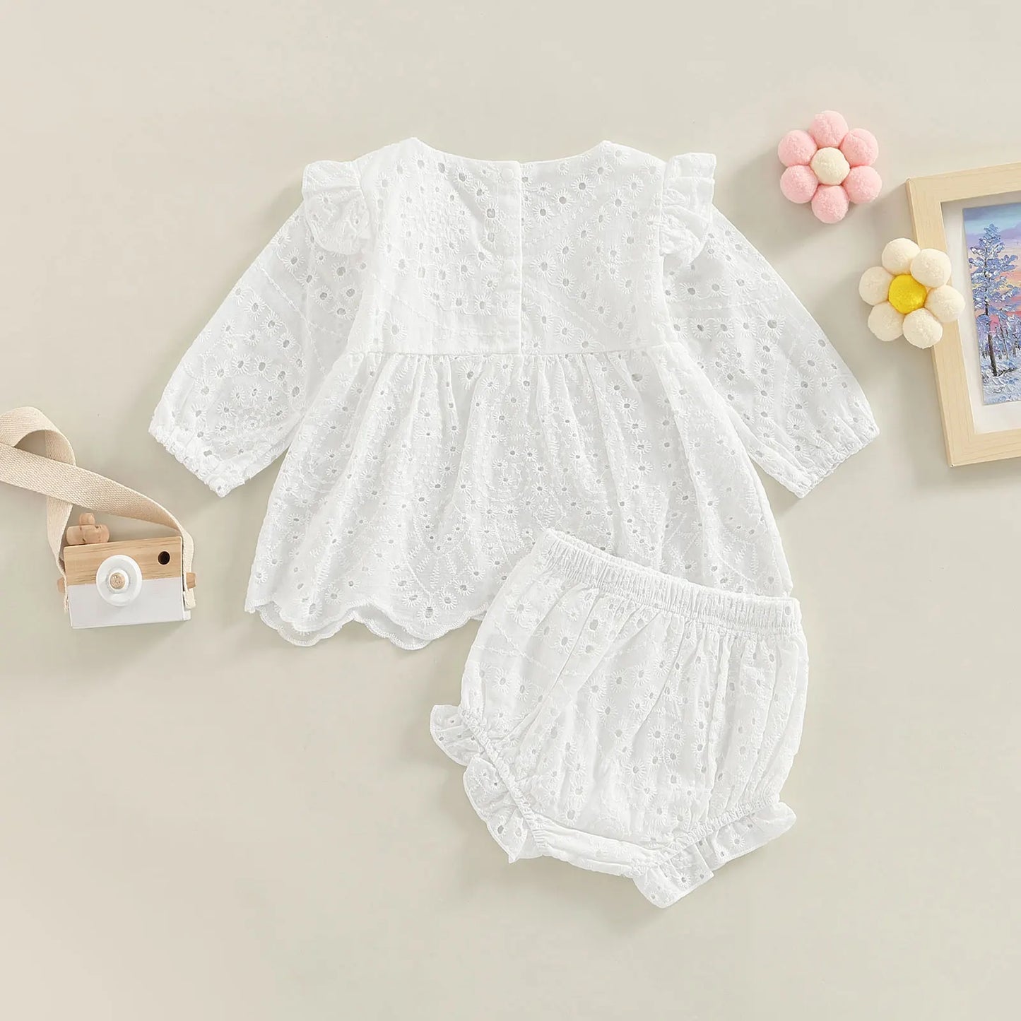 Baby Girl Solid Color Cutout Long Sleeve Shirt and Elastic Ruffle Shorts For 6-24 Months