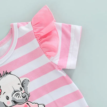 Striped Elephant Print Short Sleeve Romper Ruffle Shorts And Bow Headband For 0-18 Months