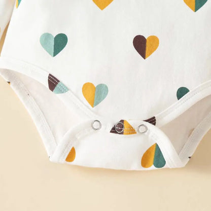 Heart Print Ruffled Cotton Bodysuit Pants Hair Bow For 0-24 Months