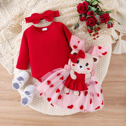 3 Piece Sweet Bear Patches Embroidery Heart 3D Long Sleeve Dress Romper And Headband For 0-18 Months