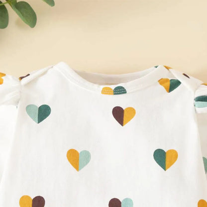 Heart Print Ruffled Cotton Bodysuit Pants Hair Bow For 0-24 Months