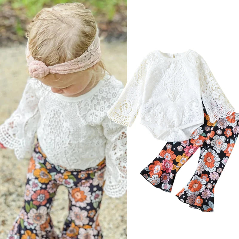 Baby Girl Long Sleeve Lace Romper and Long Floral Bell-Bottoms Pants