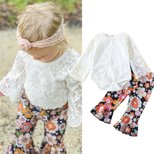 Baby Girl Long Sleeve Lace Romper and Long Floral Bell-Bottoms Pants