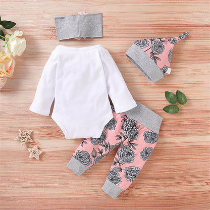 4 Piece Floral Print Long Sleeve Bodysuit Pants Hat And Headband 0-18 Months