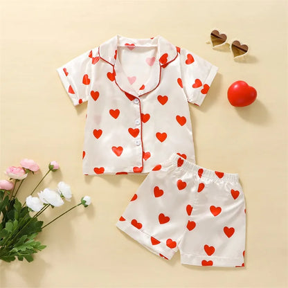 Heart Print Turn-Down Collar Short Sleeve And Elastic Waist Shorts Pajama Set For 2-7 Years