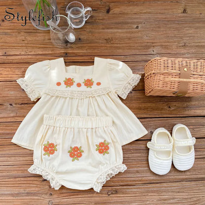 Flower Embroidered Short Sleeved Top and Flower Bread Shorts