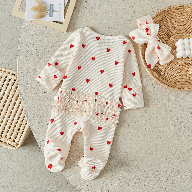 Heart Print Ruffle Zipper Romper with Headband 0-6 Months