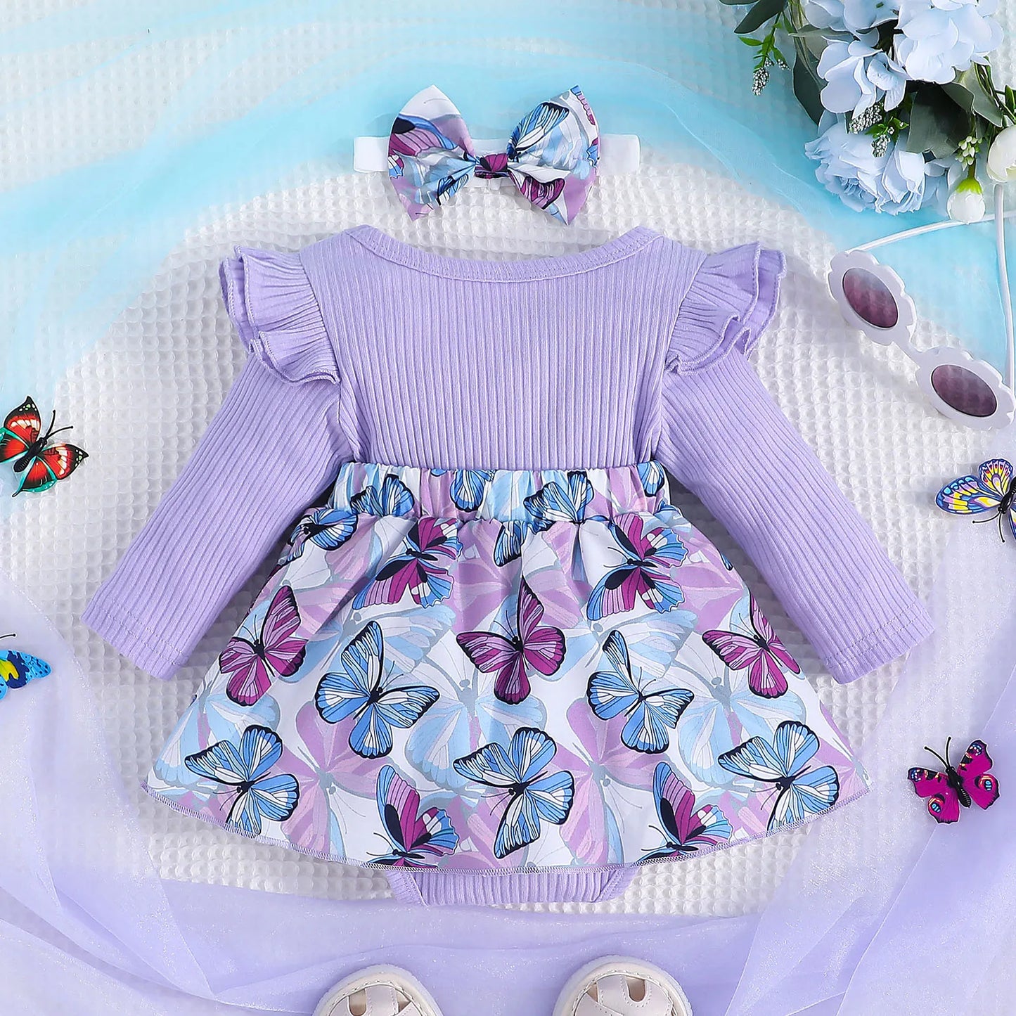 Butterfly Print Bodysuit Dress with Matching Headband